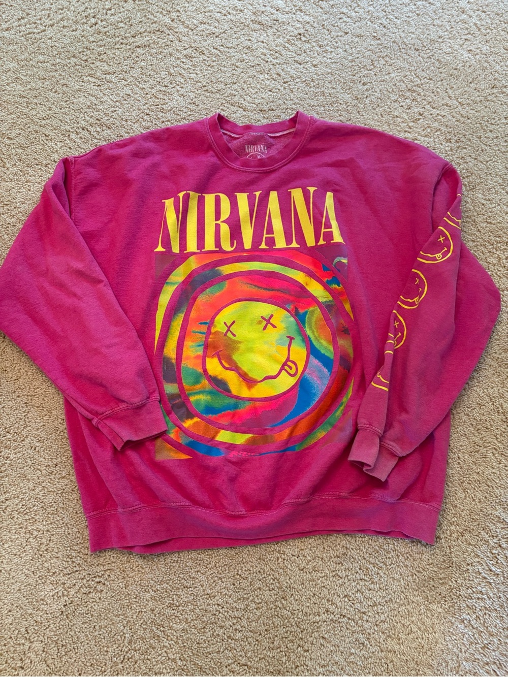 NIRVANA Magenta Tie-Dye Smiley Graphic Crewneck